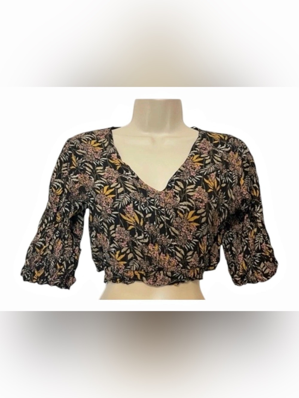 ZARA Floral Metallic Thread Puff Sleeve Wrap Crop Top Blouse Size M